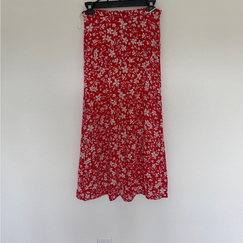Topshop Red Floral Midi Skirt